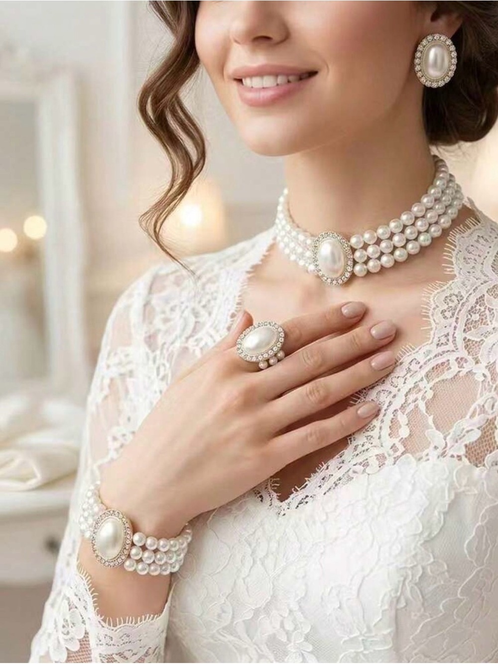 Pearl and Crystal Choker Set - White